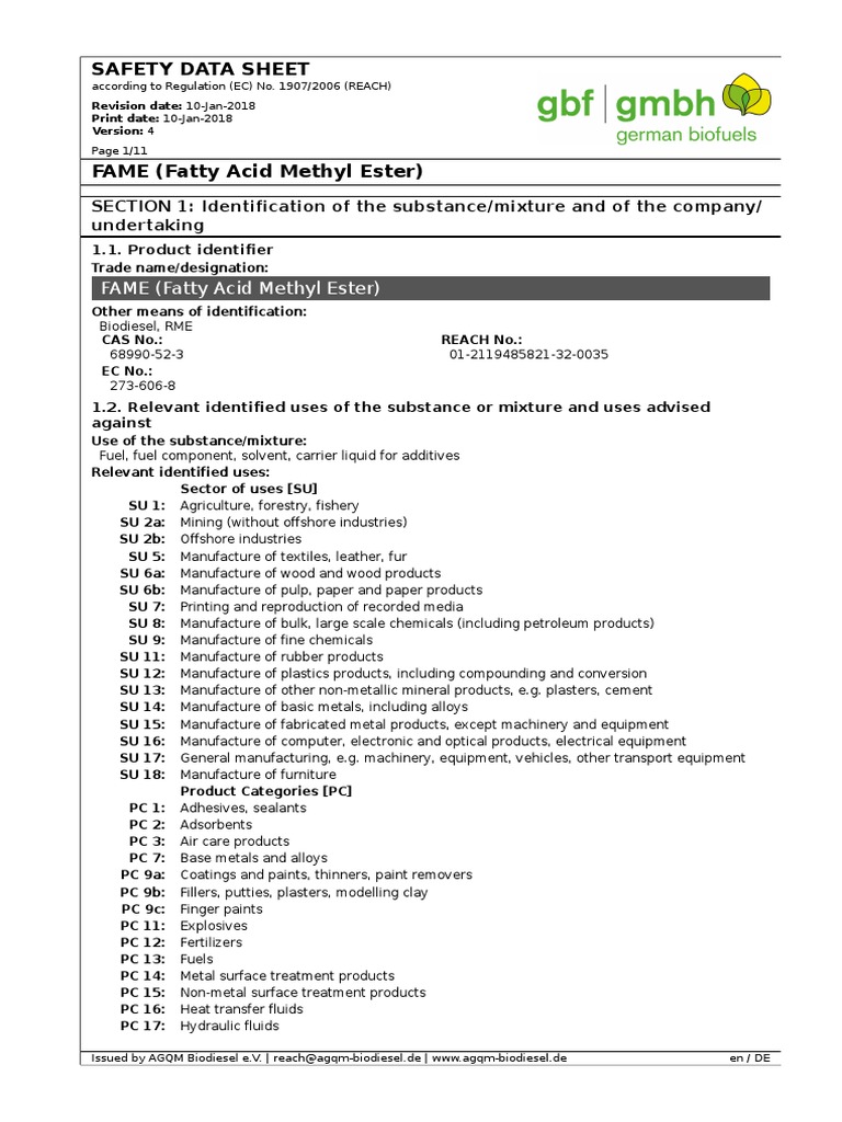 Safety Data Sheet for Fatty Acid Methyl Ester (FAME) PDF Toxicity