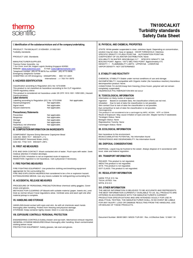 SDS 01X621001 A TN100CALKIT Turbidity Standards PDF Chemistry