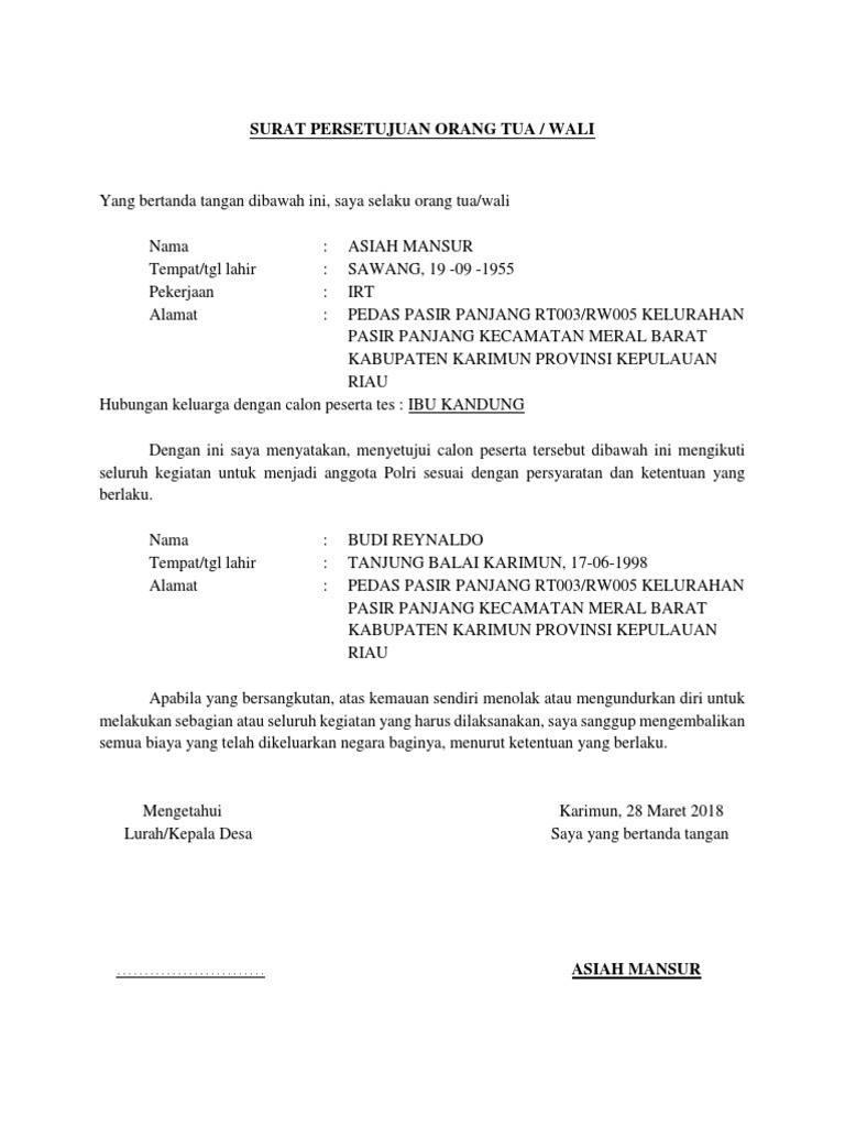 Surat Persetujuan Orang Tua 1