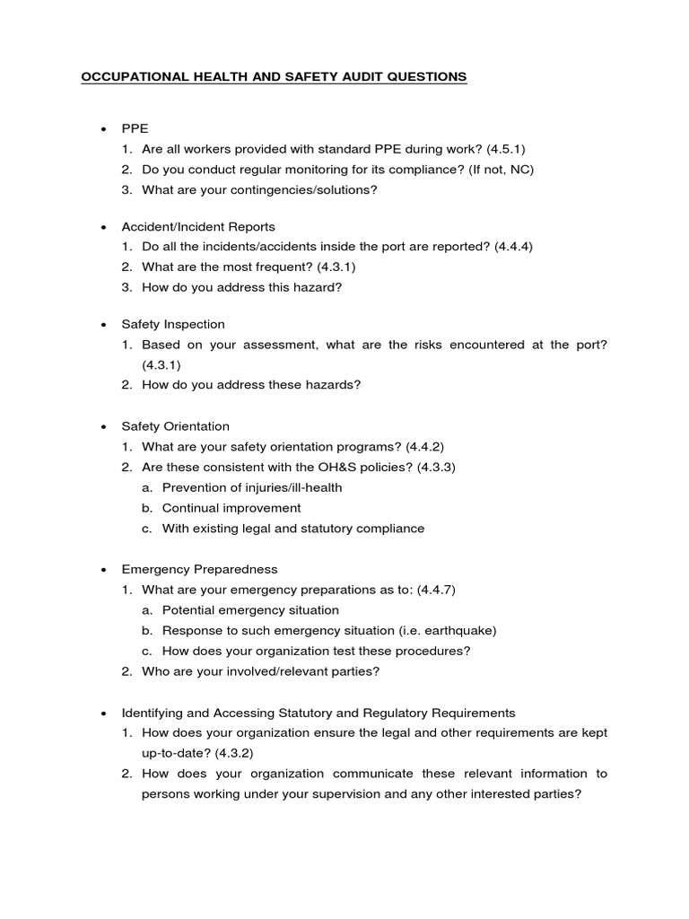 Occupational Health and Safety Audit Questions PDF