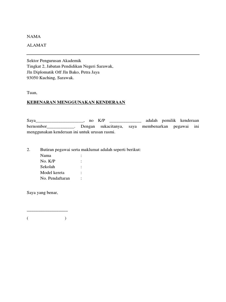 Surat Kebenaran Menggunakan Kenderaan Pdf