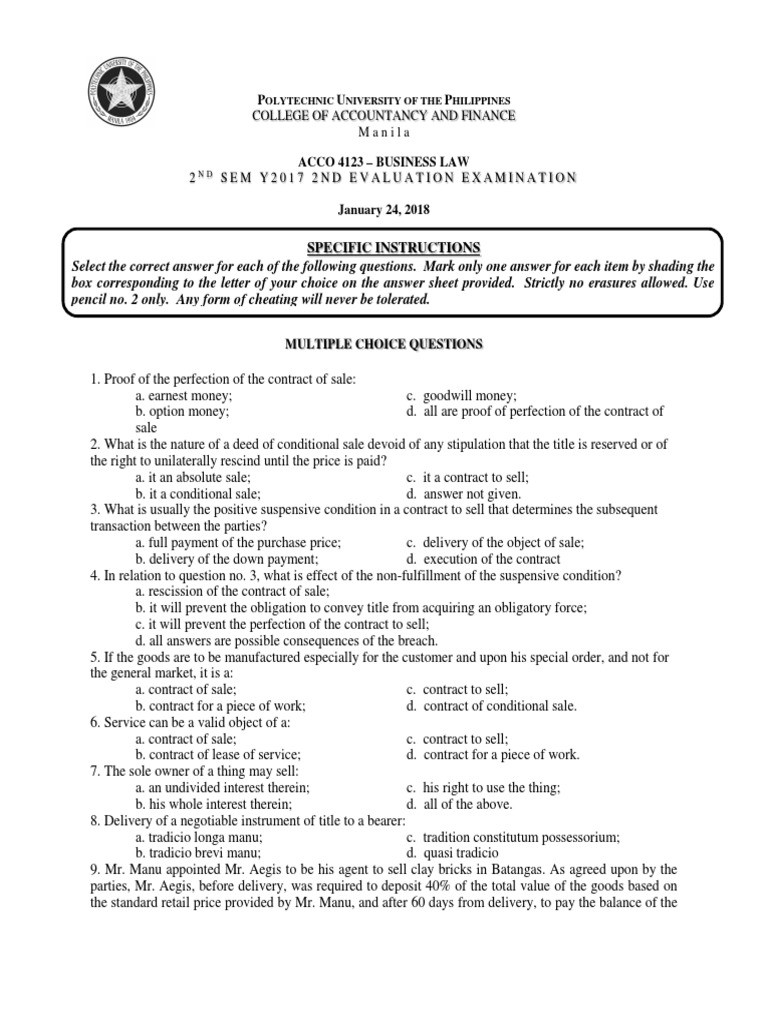 Business Law Exam Questions Guide | PDF | Mortgage Law | Sales