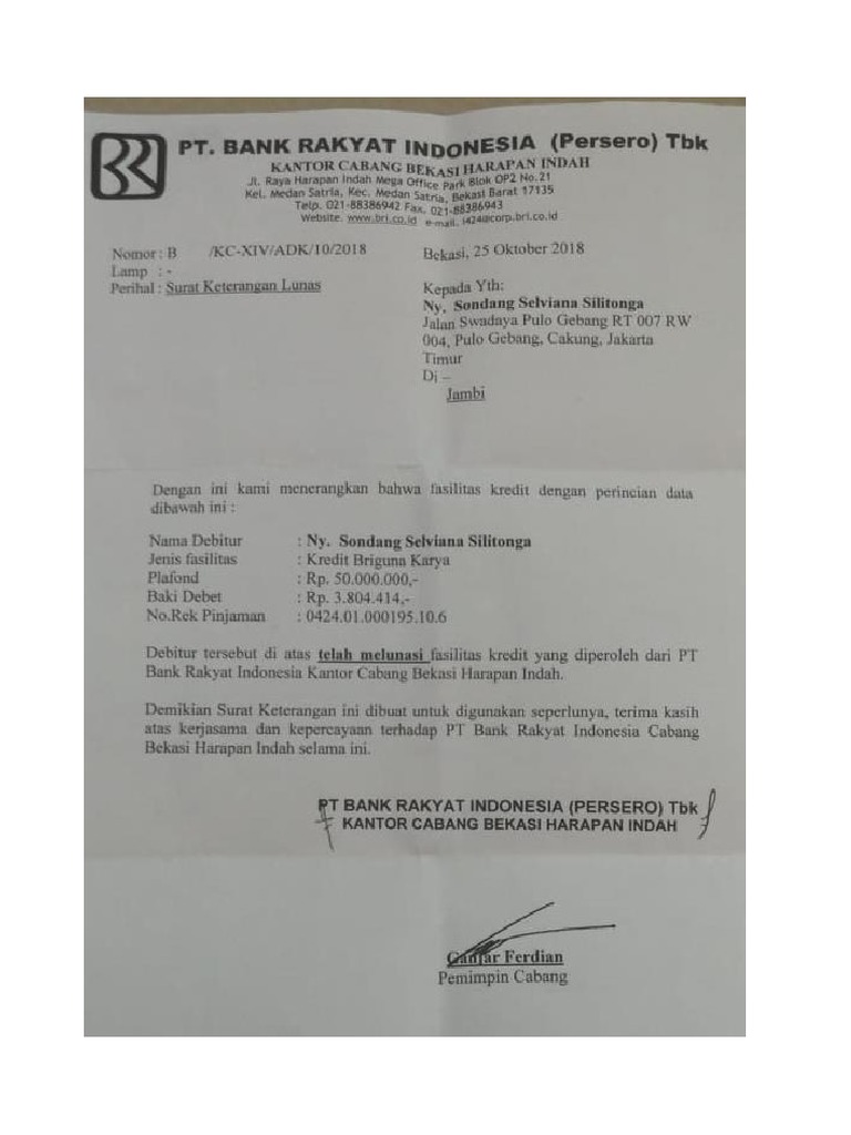 Surat Keterangan Lunas Bank Bri