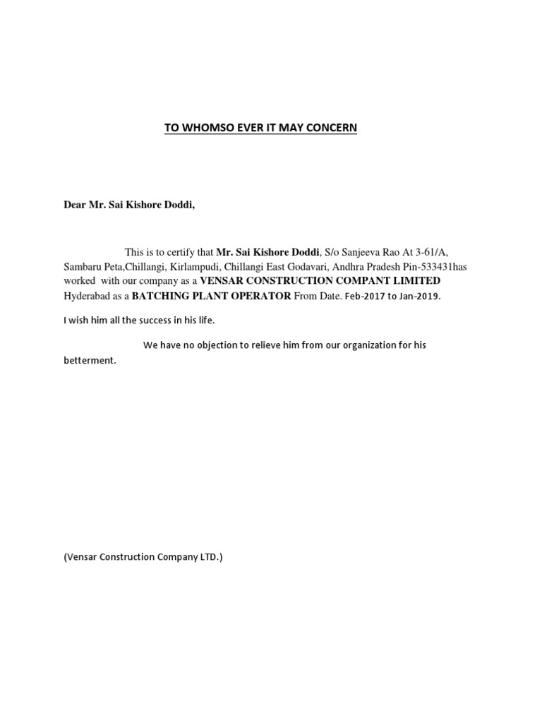 Experience Letter Construction Pdf