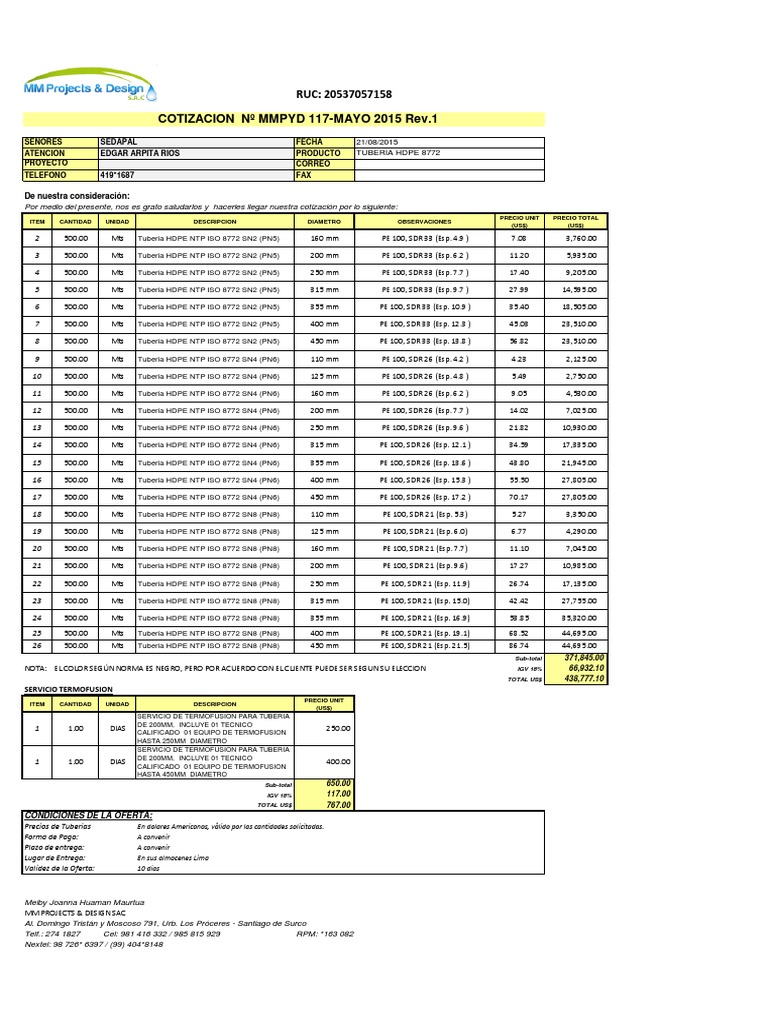 Quotation for various sizes of HDPE pipes and pipe fusion services for ...
