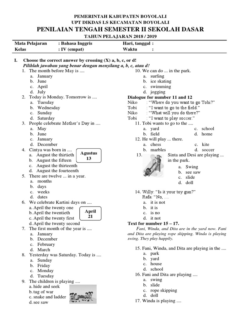 Soal Uts 2 Kelas 4 Leisure Hobbies