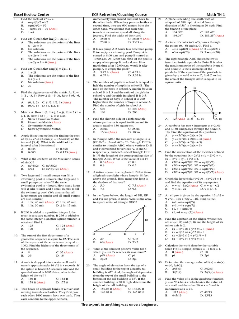 Excel Review Center ECE Refresher/Coaching Course Math TH 1: (Ans ...