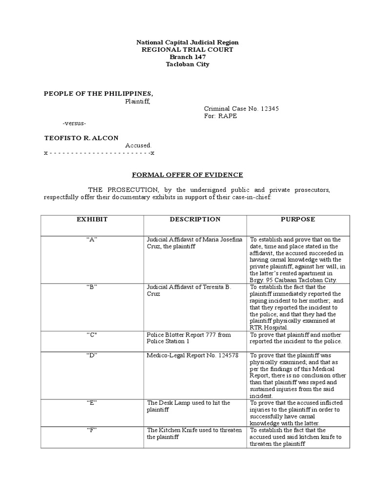 Formal Offer of Evidence PDF Prosecutor Rape