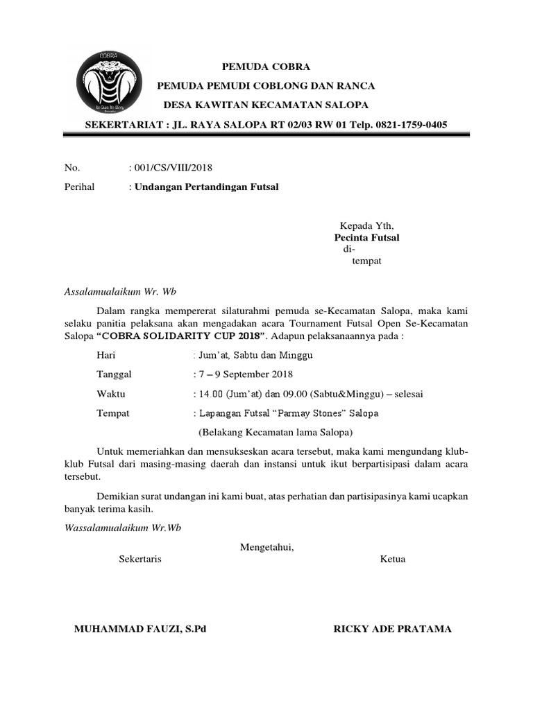 Contoh Surat Undangan Pertandingan Futsal