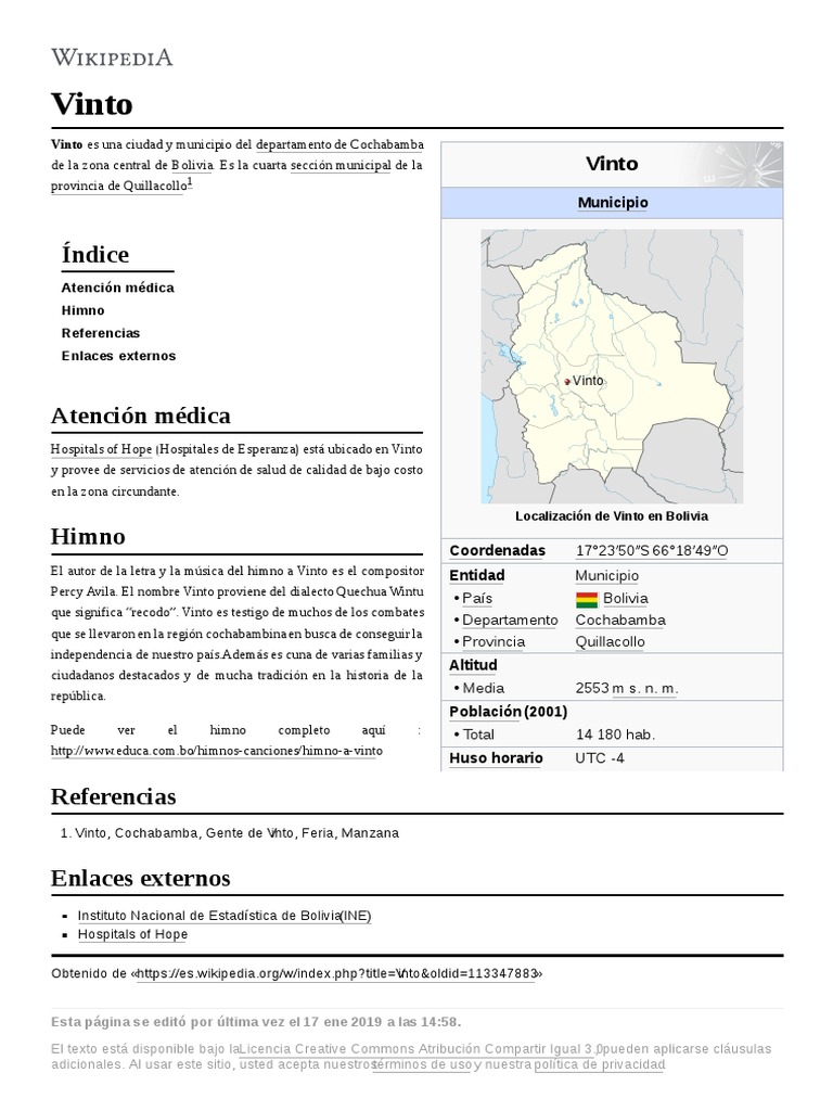 Himno y Historia del Municipio de Vinto | PDF