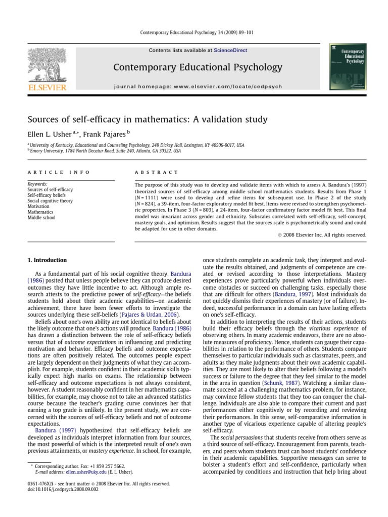 Validating Self-Efficacy Sources in Math | PDF | Self Efficacy | Factor ...