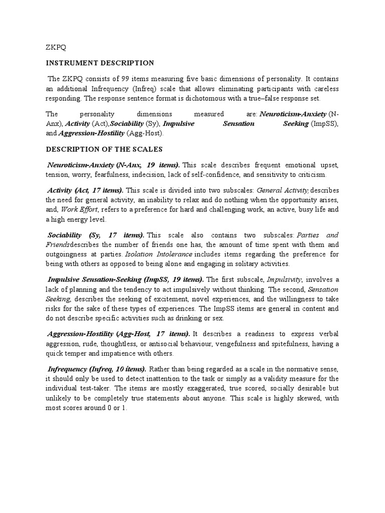 ZKPQ Personality Assessment Overview | PDF