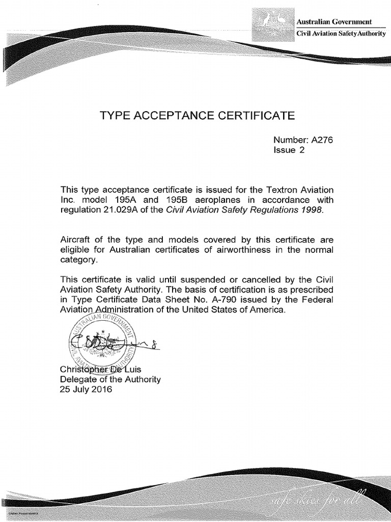 Type Acceptance Certificate: Number: A276 PDF Type Acceptance Certificate: Number: A276 PDF