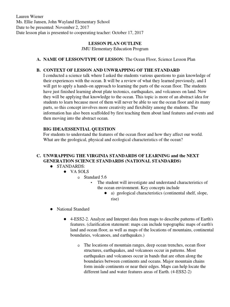 Ocean Floor Lesson Plan Continental Shelf Seabed