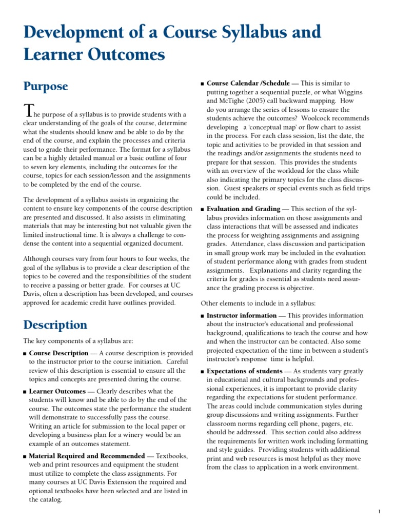 Development of A Course Syllabus and Learner Outcomes: Purpose | PDF ...
