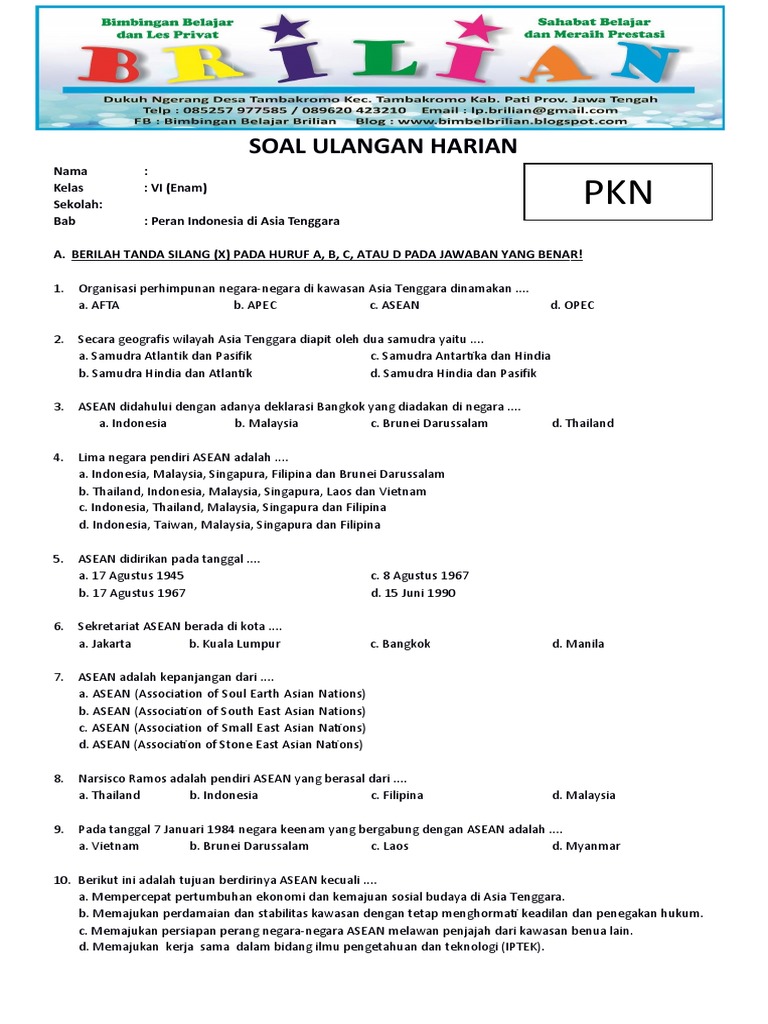 Soal Pkn Kelas 6 Sd Bab 4 Peran Indonesia Di Asia Tenggara