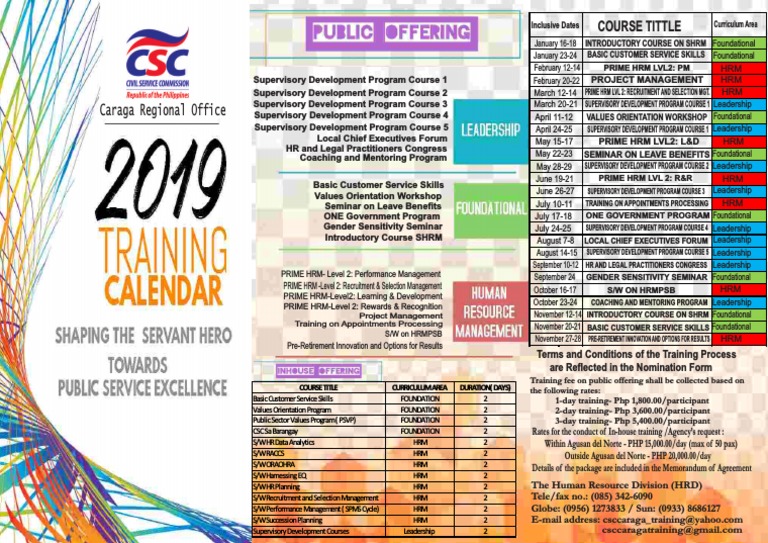 2019 CSC Calendar of Training PDF Human Resource Management