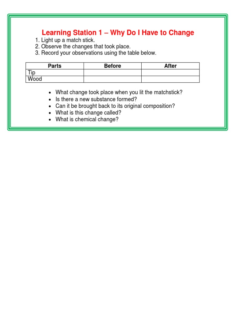 Chemical Change Activity Sheet | PDF | Self-Improvement