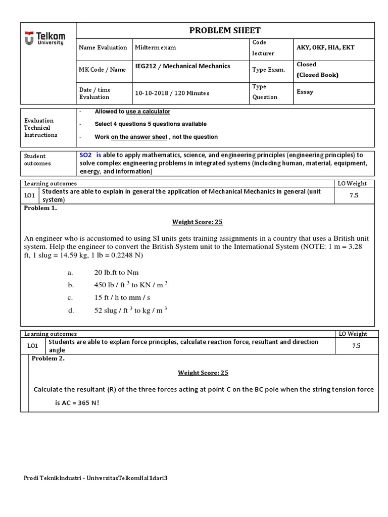 Midterm Exam: Mechanical Mechanics Problems | PDF | Force | Engineering