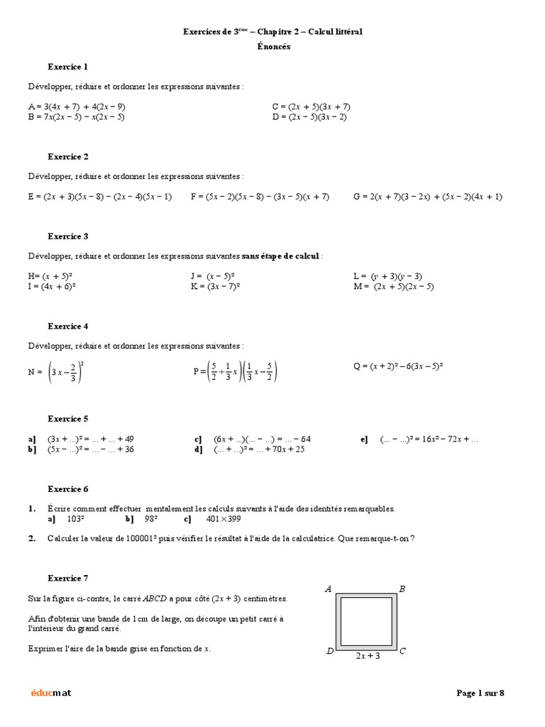 Exercice Calcul Littéral 3ème Brevet Pdf