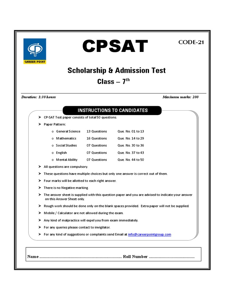 Sat Class 7 Set 7 Code 21 | PDF | Test (Assessment) | Chemistry