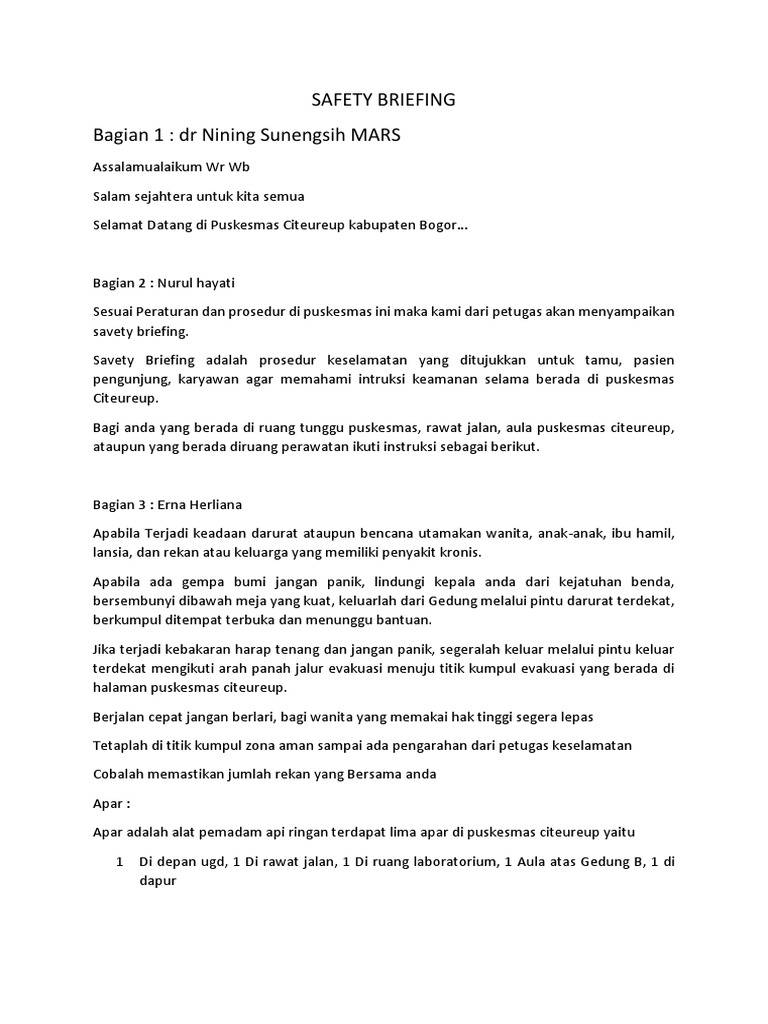 Safety Briefing Puskesmas Citeureup | PDF