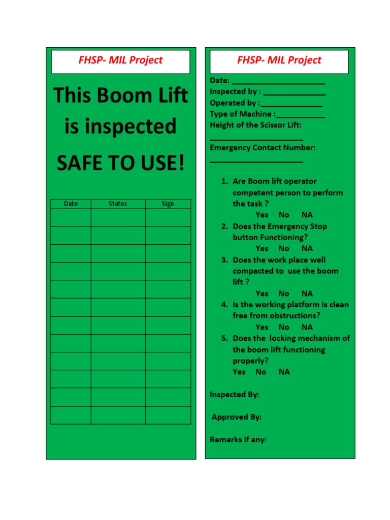 Boom Lift Inspection and Safety Tags | PDF | Systems Engineering ...