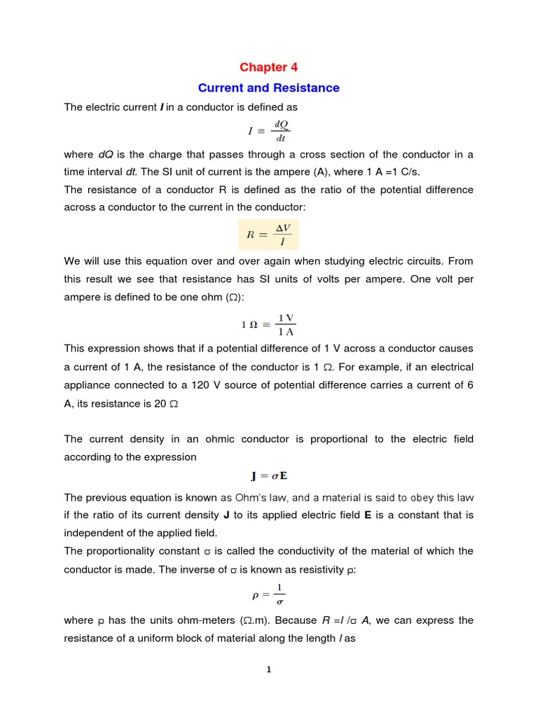 Electric Current and Resistance Guide | PDF | Electrical Resistivity ...