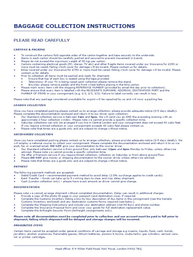 Baggage Collection Instructions NW10 7BQ | PDF | Customs | Payments