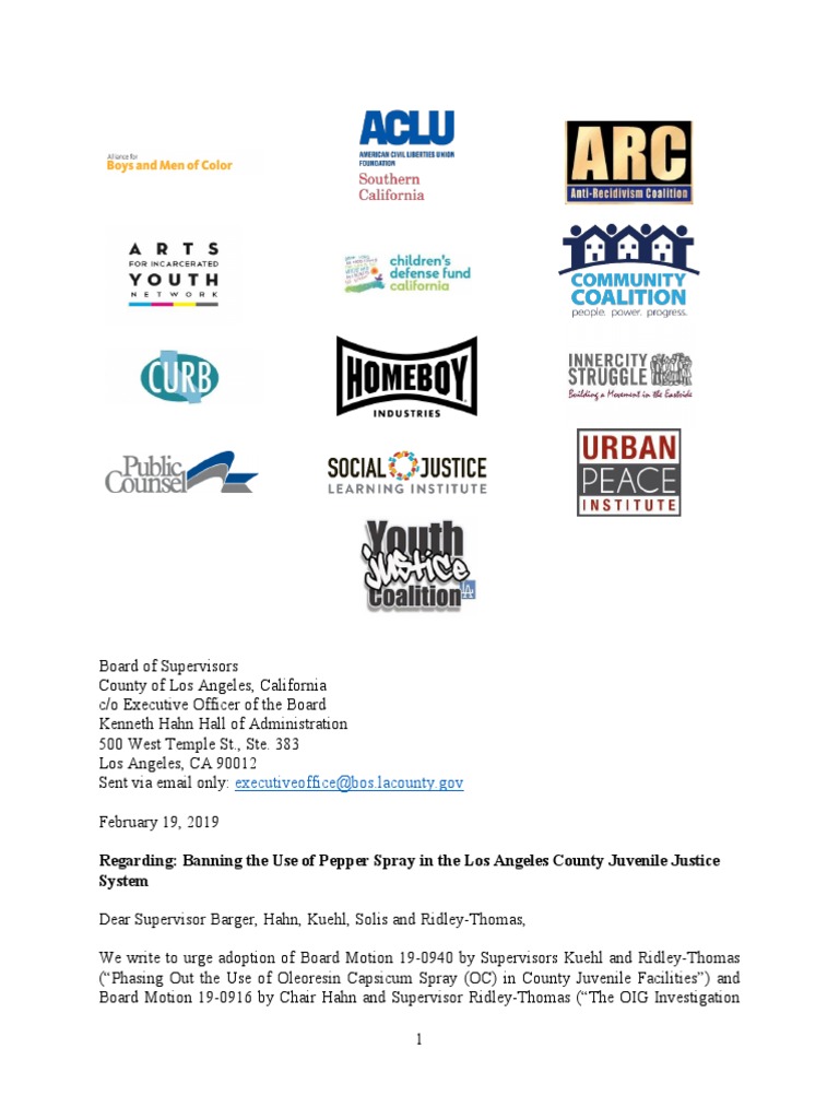 Letter To LA County Board of Supervisors Banning The Use of Pepper Spray in The Los Angeles