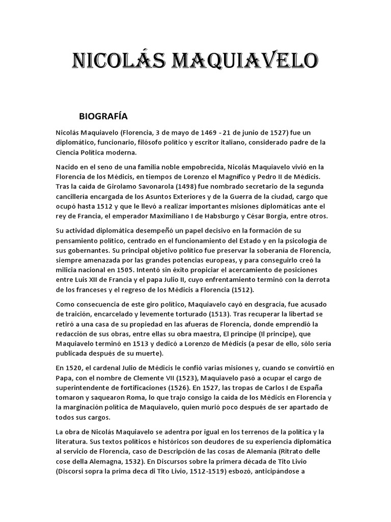 Resumen El Príncipe (Nicolás Maquiavelo) PDF Nicolás Maquiavelo El príncipe
