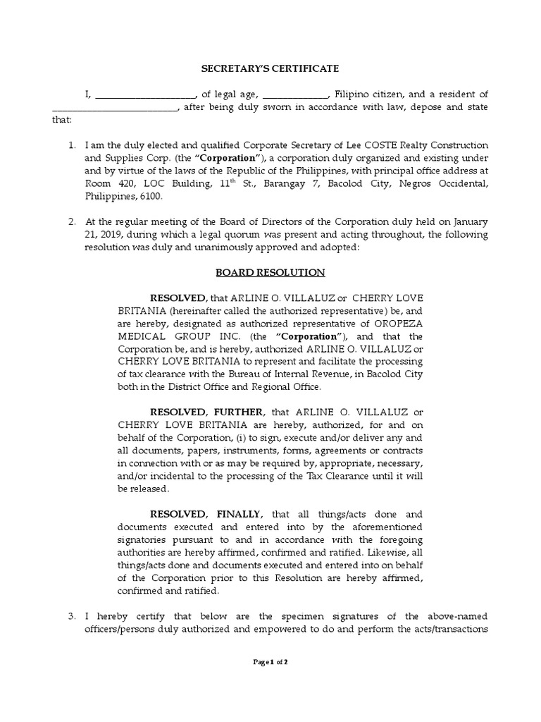 Secretary's Certificate and Board Resolution (Lee COSTE Realty
