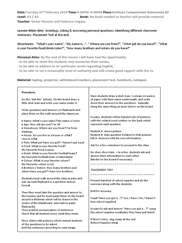 A1/A2 English Lesson Plan: Greetings & Questions | PDF | Cognitive ...