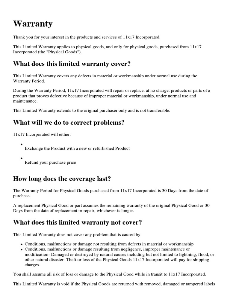 11x17 Warranty Disclaimer English PDF Implied Warranty Business Law