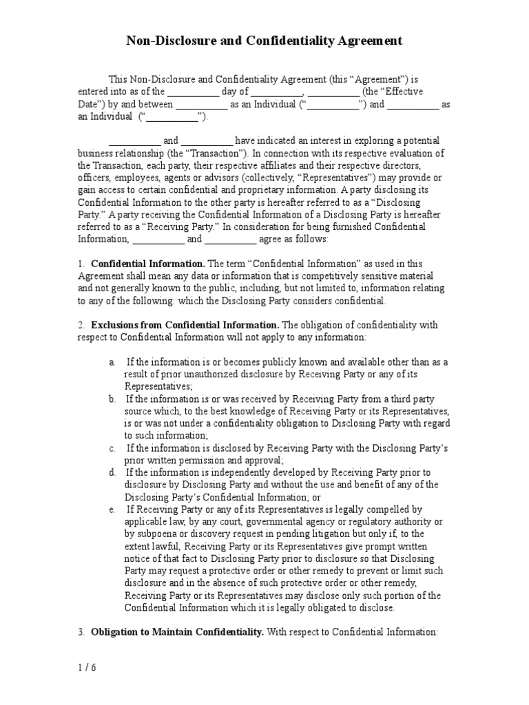 Non-Disclosure and Confidentiality Agreement | PDF | Non Disclosure ...
