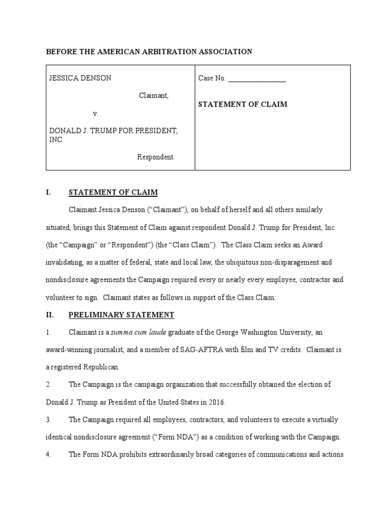 Jessica Denson 2019 Statement of Claim in Arbitration PDF Non