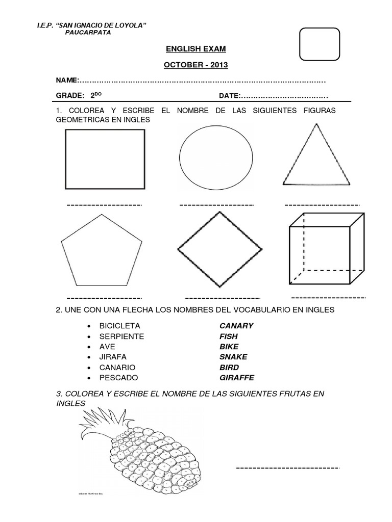 Quinto English Exam 2do De Priamria