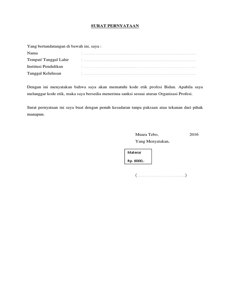 Contoh Surat Pernyataan Kode Etik