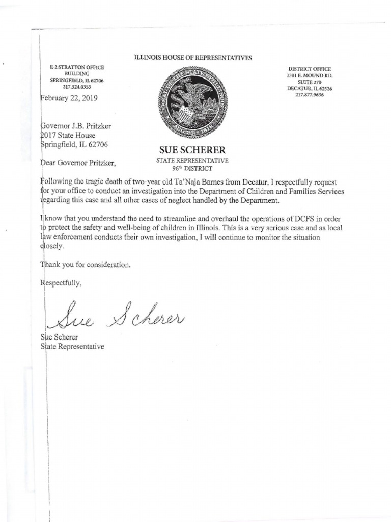 Rep. Sue Scherer That Says She Has Called For A Hearing With DCFS PDF