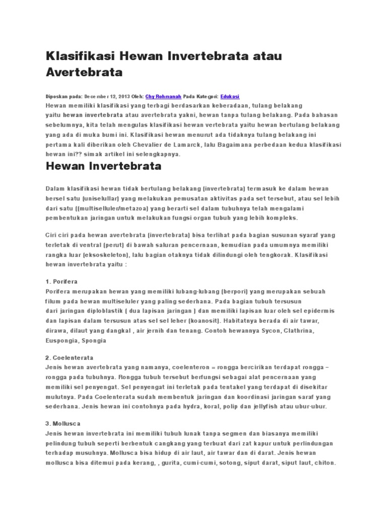 Klasifikasi Hewan Invertebrata Atau Avertebrata