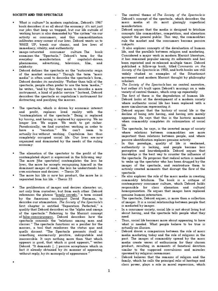 Society of the Spectacle Explained | PDF | Capitalism | Philosophical ...