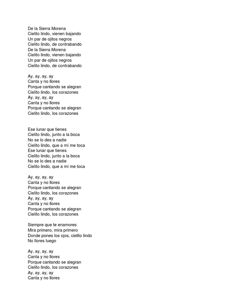 Letra De La Cancion Cielito Lindo Original Y Completa