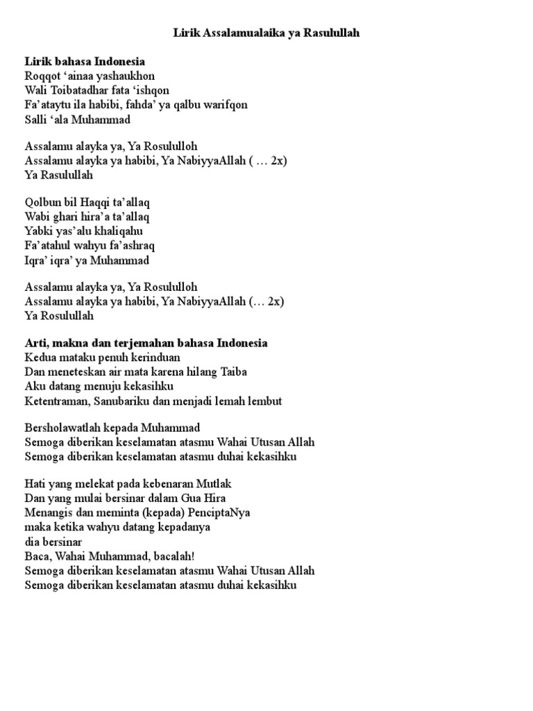 Lirik Sholawat Assalamualaika Ya Rasulullah | PDF