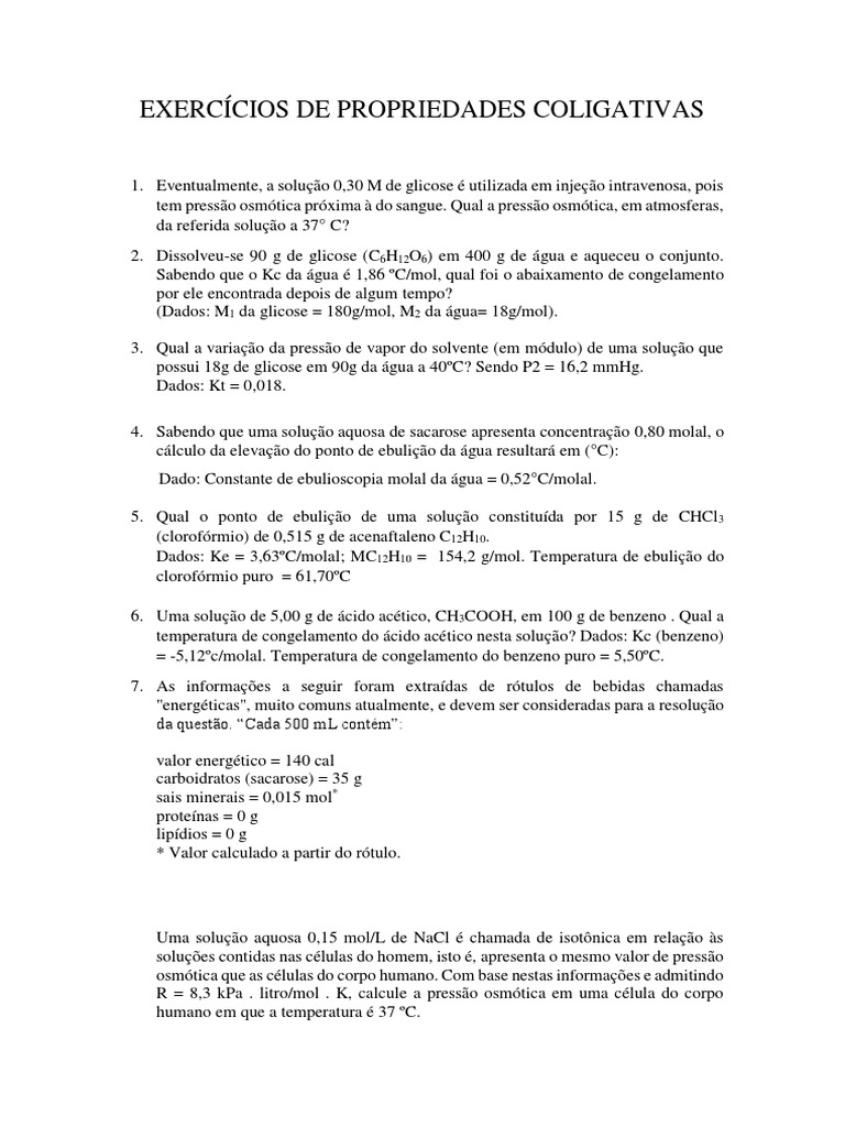 Exercícios sobre Propriedades Coligativas | PDF | Solução | Mol (unidade)