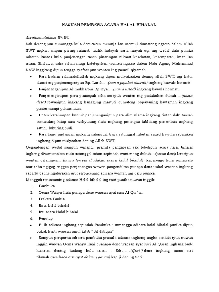 Struktur Teks Pranatacara Bahasa Jawa Prawira Soal