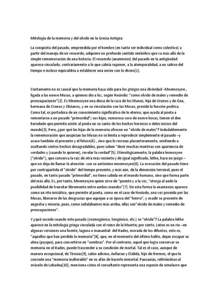 Mitología De La Memoria Y Del Olvido En La Grecia Antigua Pdf Musa