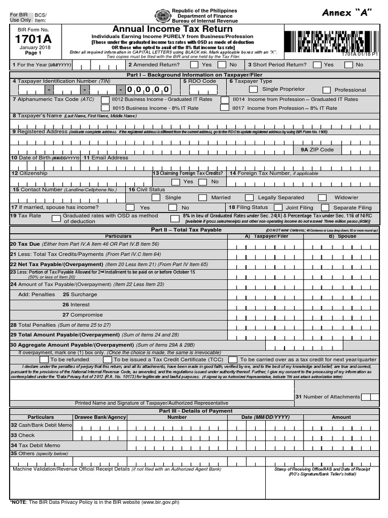 Annex A - 1701A Jan 2018 - RMC 17-2019 | PDF | Income Tax In The United ...