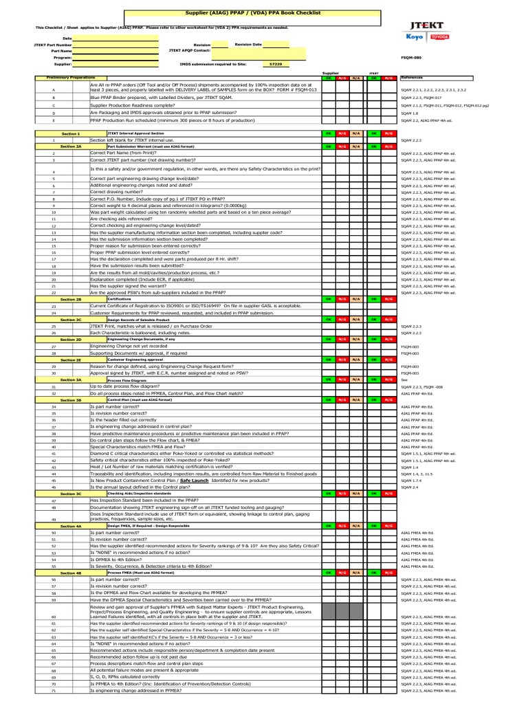 JTEKT PPAP/VDA Checklist Guide | PDF | Specification (Technical ...