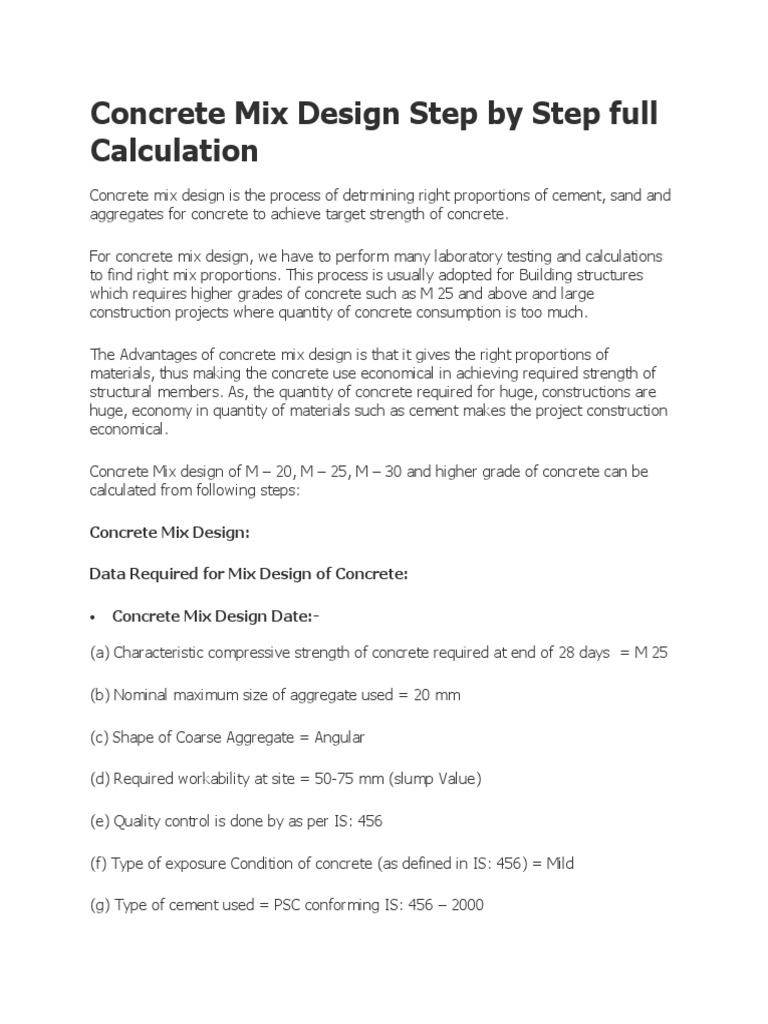 Concrete Mix Design Step by Step Full Calculation | PDF | Construction ...