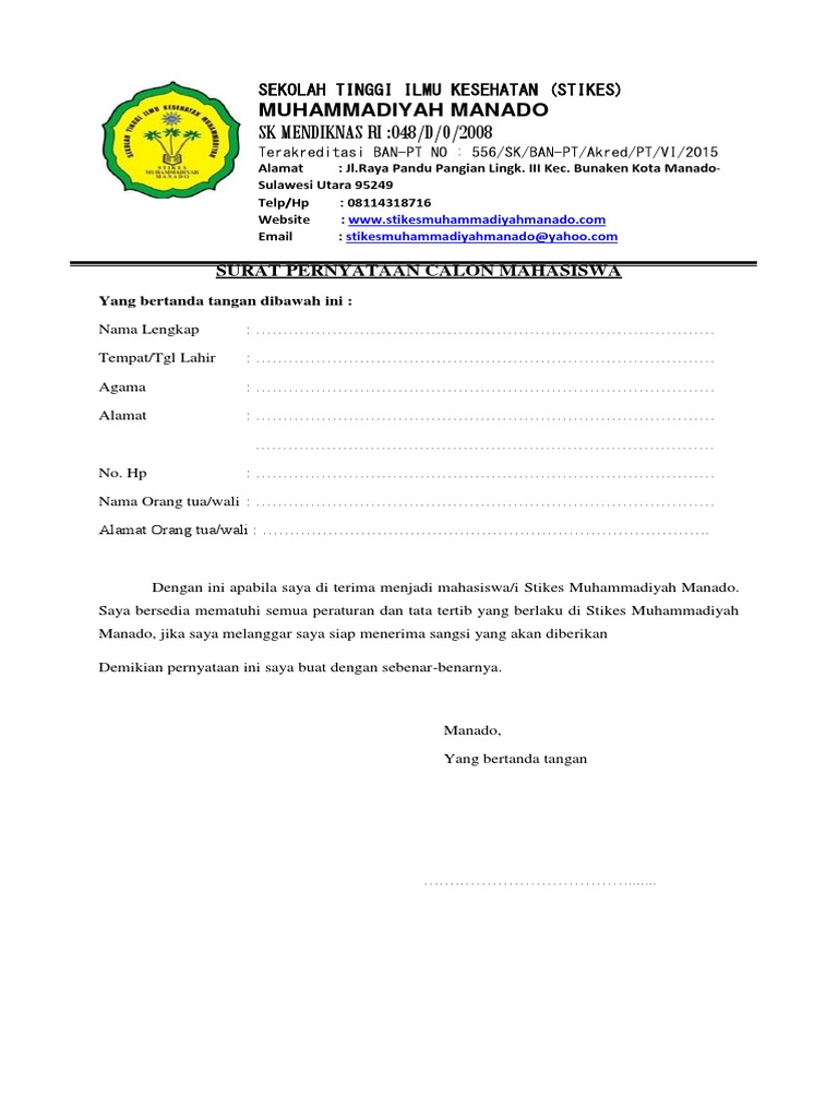 Surat Pernyataan Calon Maba Indri Safitri